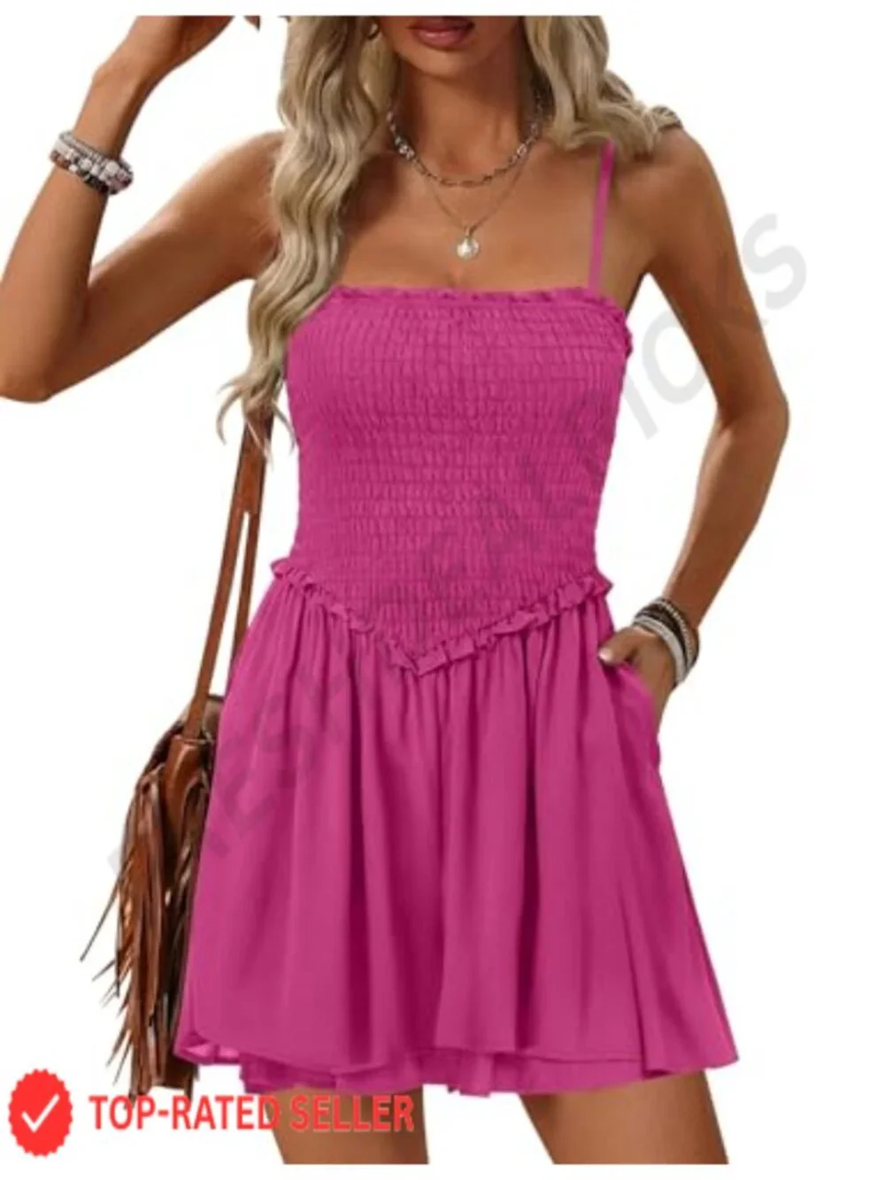 Women's Sleeveless Smocked Romper with Pockets & Adjustable Straps